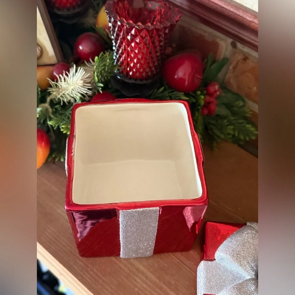 Festive Red Gift Box Ornament with Silver Bow - Holiday Home  Cookie Jar Decor